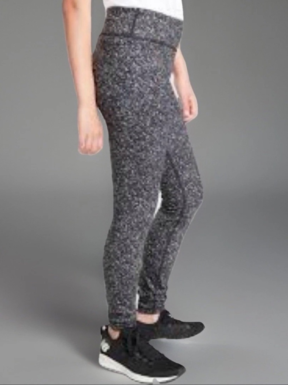 ATHLETA GIRL Leggings Girls Youth Size 14/XL Gray Black Print Chit Chat "Tight'